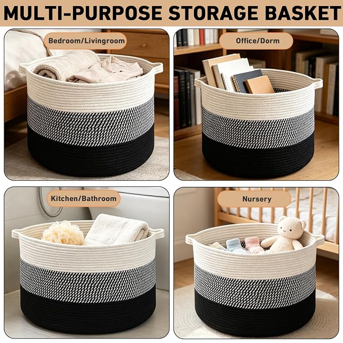 115L Extra Large Blanket Basket,Woven Laundry Basket-Mixed Black | Collapsible Nursery Storage Bin with Sturdy Handles, Organizes Clothes, Toys and Pillows for Living Room, Bedroom, Bathroom