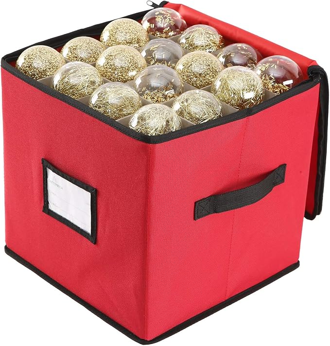 Sattiyrch Christmas Ornament Storage Box,600D Oxford Fabric Stores up-to 64 Standard Holiday Ornaments Holder,12 x 12 Inch 4 Layer Xmas Storage Containers,Red