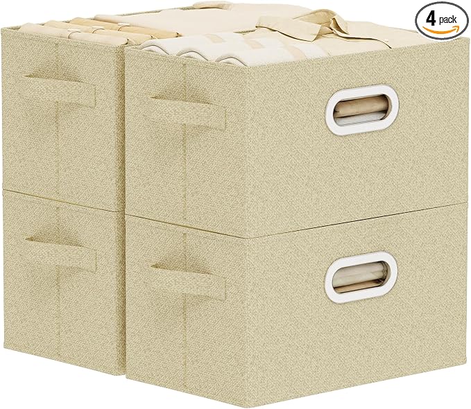 Storage Bins with Metal Grips,Grey and Beige,15x9.8x9.8in,4 Pack | Fabric Storage Baskets with Soft Cloth Handles,Thick PP Panel Wardrobe Containers,Wipeable Open Boxes for Closet Shelves