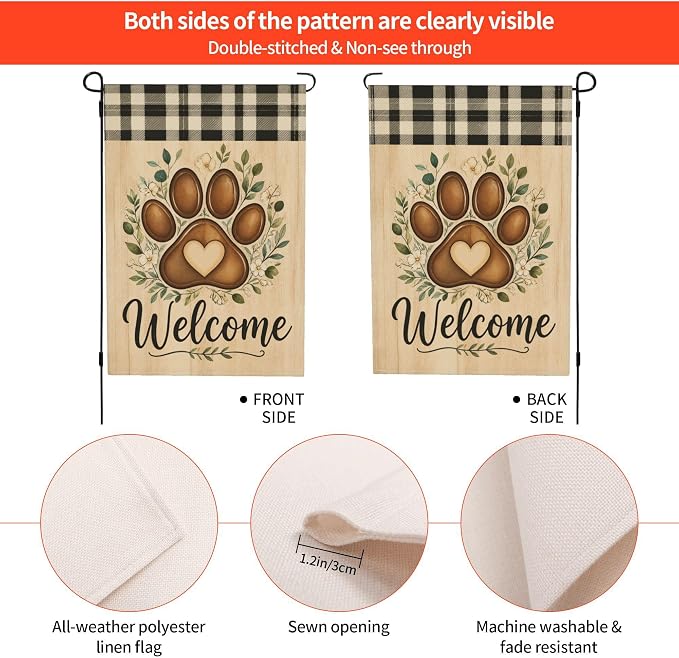 Welcome Golden Retriever Dog Cat Garden Flag With Leaves Buffalo Plaid Paw Prints Stained Glass Style For Outside 12x18 in