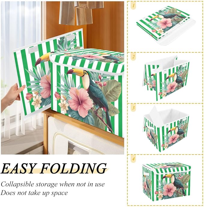 Fabric Storage Bins with Lid Floral Bird Foldable Storage Boxes 40L Baskets | Decorative Storage Boxes, Dust-Proof Flip Top, Reinforced Handles, For Home & Bedroom, Clothes & Toy Box, Flower Fabric Print