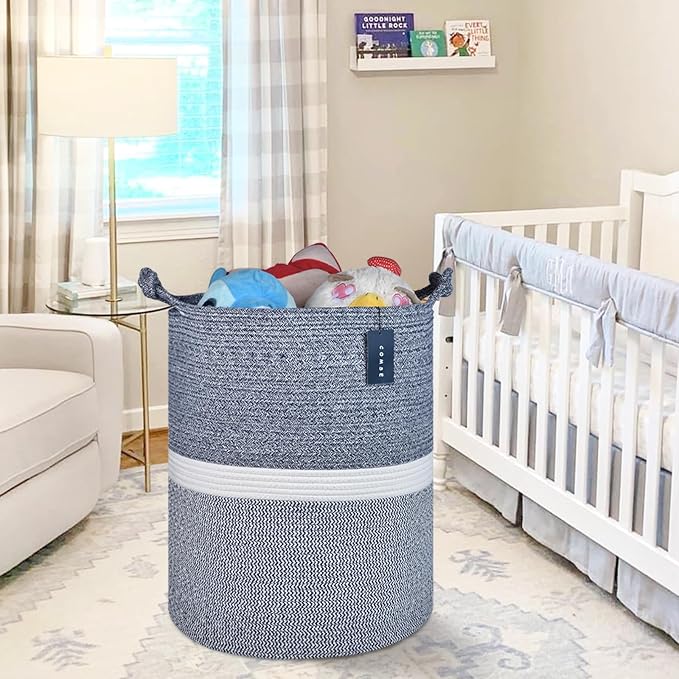 COMSE Tall Woven Blanket & Laundry Basket, 72L, Blend Navy Blue & White | 15.7”x 21.7”, Cotton Rope, Large Nursery Hamper for Storage of Toys Clothes Towels, Great for Living Rooms Bedrooms Bathrooms