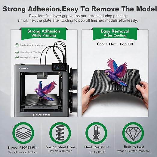 PEO PET Double-Sided Build Plate for Flashforge Creator 5/5 Pro – Dual-Texture Spring Steel Sheet with Big Diamond PEO & Carbon Fiber PET Finishes – Smooth First Layer 3D Printer Heated Bed Accessory