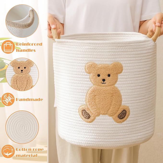 Large Blanket Baskets for Living Room, Teddy Bear Baskets Toy Storage Basket, 14" x 14" Woven Cotton Rope Basket for Kids, Toys Organizer Clothes Hamper with Embroidery, Teddy Bear Nursery Decor