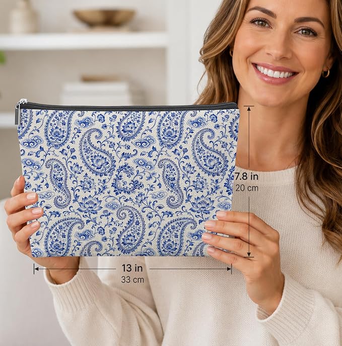 Boho Blue Paisley Empty Mahjong Tile Bag 13x7.8 Inch | Preppy Floral Printed Portable Travel Case Organizer Zipper Pouch for American Mahjong Tiles Game Night Accessories and Gifts