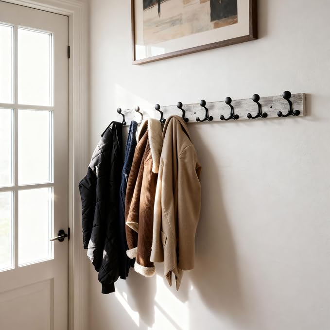 SKOLOO 43-Inch Wood Coat Rack Wall Mount with 8 Triple Hooks - Ideal for Family Entrances, Classrooms, and Pet Supplies Storage - Perfect Coat Hooks for Wall,Distressed White Wash