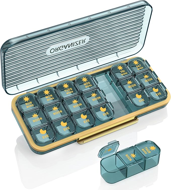 Acedada Pill Organizer 3 Times A Day, 7 Day Pill Box 3X A Day, Blue | Weekly Vitamin Box Organizer with 7 Separate Containers, Portable Daily Medicine Planner Case for Vitamin Fish Oil Supplement