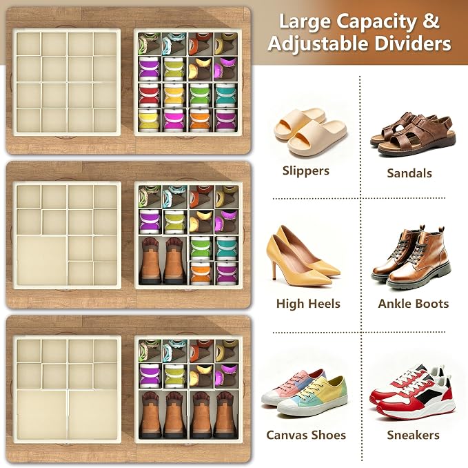 Shoe Organizer for Closet,2 Pack Foldable Shoe Storage Organizer Box Bin with Adjustable Dividers and Clear Cover, Fits up to 16-32 Pairs（Beige）