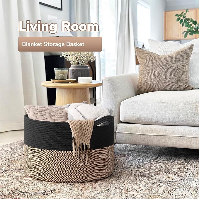 Goodpick 65L Large Cotton Rope Kids Toy Storage Basket for Playroom | 19.7 x 19.7 x 12.6 In Woven Basket for Storage, Kids Toy Storage for Playroom, Laundry Basket for Towels, Black & Mix Jute