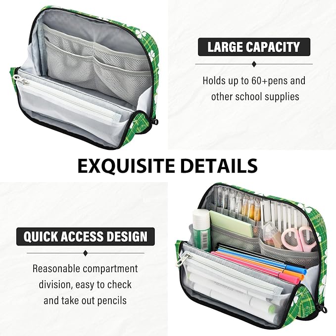 Aslsiy Large Capacity Pencil Case St Patricks Day Shamrocks-1 Pencil Pouch for Boys Girls Portable Pen Bag Organizer Standing Makeup Bag for School Office Supplies