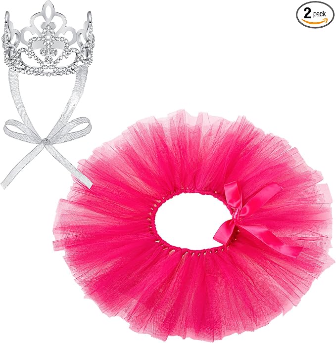 2 Pcs Dog Crown Headband Dog Tutu Dress Set Crystal Rhinestone Tiara Crown Tutu Skirt Pet Dress Costume for Puppy Birthday Party Wedding Photo Prop Costume(Medium,Rose Red)