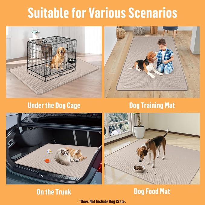 Silicone Dog Bed Mat 40"x 40" Crate Mat for Dog Cages, Khaki | Extra Large Kennel Mat with Raised Edge, Washable, Leakproof, Waterproof Dog Mat for Crate, Dog Floor Mat to Protect Floors