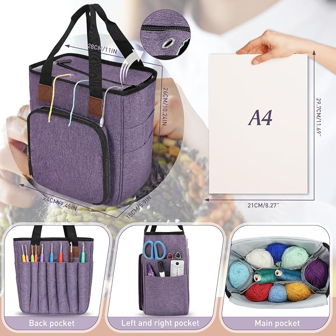 Crochet Bag Organizer for Crocheting, Knitting Yarn Bag Tote On The Go | Crochet Storage Bag for Knitters Supply, Crochet Gifts for Women, Birthday Gifts, Only Bag No Accessories (Purple)