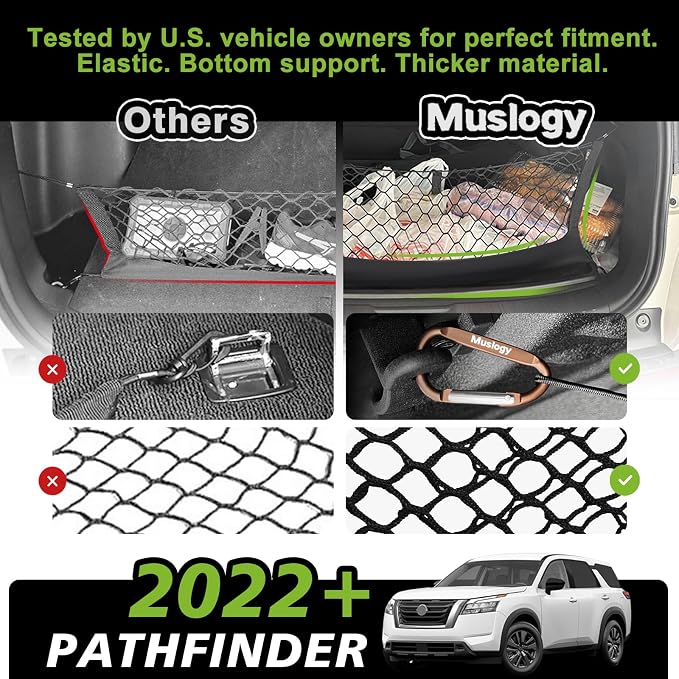 Muslogy Cargo Net for 2022-2025 2026 Nissan Pathfinder Accessories | Custom Fit, Trunk Storage Organizer Net for SUV Sedan Van Divider, with Heavy Duty Carabiners, Night Visible Grab Handle