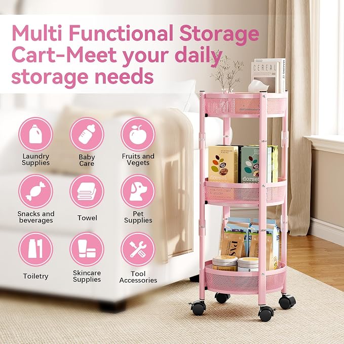 TOOLF 3 Tier Foldable Rolling Cart, Metal Utility Storage Cart, Pink | Assembly-Free, Lockable Wheels, Round Trolley Organizer for Bathroom, Kitchen, Office, Dorm, Laundry, Craft Room