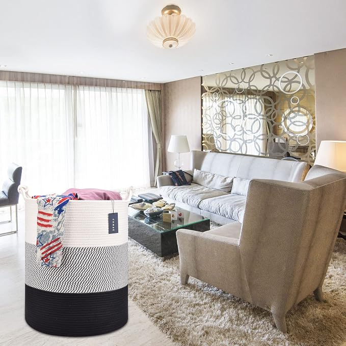COMSE Tall Woven Blanket & Laundry Basket, 72L, White & Gray & Black | 15.7”x 21.7”, Cotton Rope, Large Nursery Hamper for Storage of Toys Clothes Towels, Great for Living Rooms Bedrooms Bathrooms
