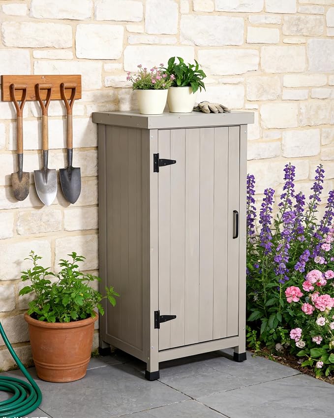 Small Outdoor Storage Cabinet with Metal Top | Wooden Potting Table & Garden Workbench | Weatherproof Gardening Table| Space-Saving Potting Bench for Patio, Backyard Gardening Tools