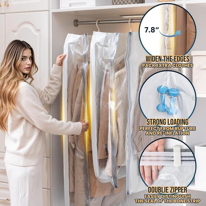 TAILI Hanging Vacuum Storage Bags for Clothes Space Saver 6 Combo Cream | Vacuum Seal Bags for Clothing Travel, Winter Clothes Storage Closet Organizers, Garment, Coats, Suits and Jackets