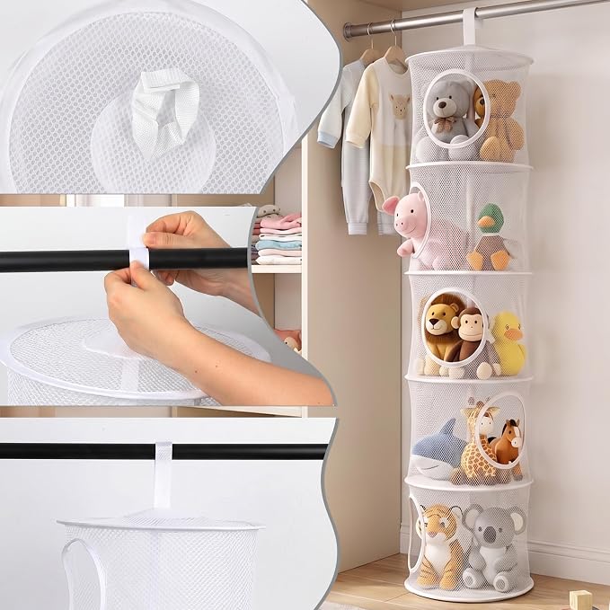 2Pcs Hanging Stuffed Animal Storage Hammock Net 5 Tiers, White | Hanging Mesh Storage Organizer for Kids Room, Holds Plushies, Gloves, Hats, Socks, Foldable Space-saving Design