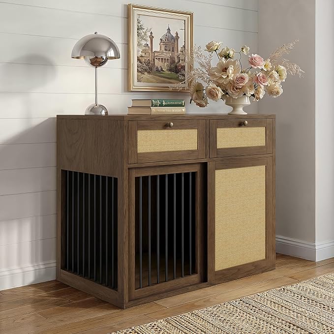 PureCozy Wooden Dog Crate Furniture, Left Unit, 40 Inch, Daek Oak | Cane cabinet and metal sliding door with 2 storage drawers; furniture-style indoor kennel doubles as an end table.