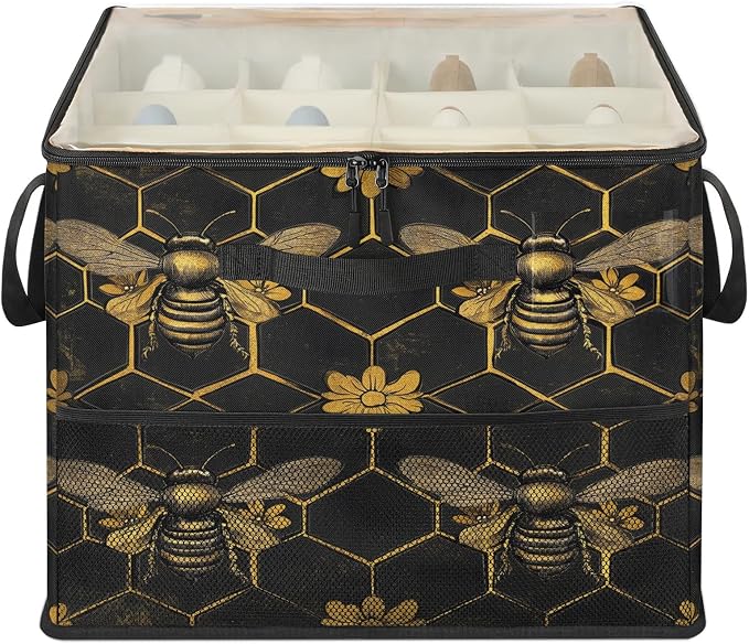 TropicalLife Vintage Bee Honeycomb Shoe Organizer for Closet | Golden Flower Foldable Shoe Storage Organizer Box Bin with Adjustable Dividers and Clear Cover, Fits up to 16-32 Pairs