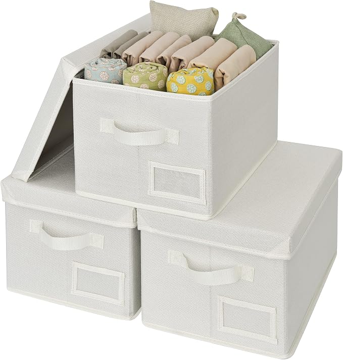 GRANNY SAYS Storage Bins with Lids, Decorative Storage Boxes with Lids | Storage Box with Dust Cover, Handles & Lable, Collapsible, Ideal for Closet Clothes Blanket Toys, Large, Ivory, 3-Pack