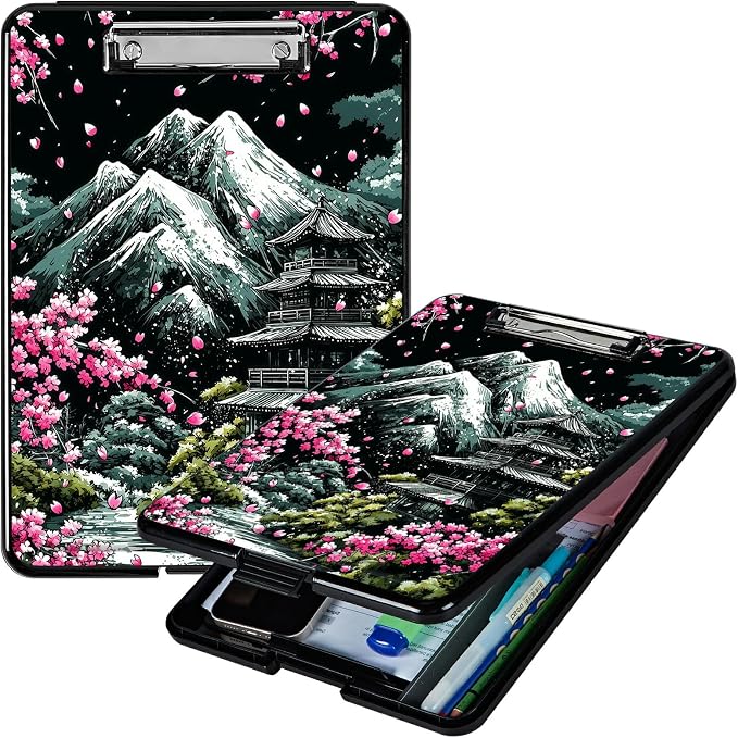 Heavy Duty Storage Clipboard, Slim Nursing Clipboard with Internal Pen Case, Portable File Organizer Case for A4 Letter Size Paper Office Medical Professionals, Sakura Dark Mountain Range
