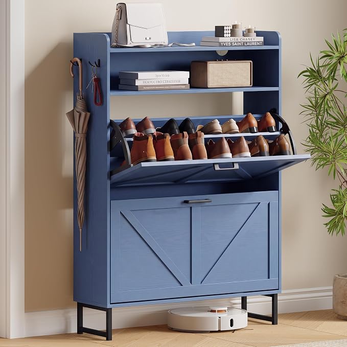 Xixini Shoe Storage Cabinet with 2 Flip Drawers, Entryway Shoe Rack, Blue | Freestanding Narrow Shoe Storage, Hidden Slim Wood Shoe Organizer, Modern Farmhouse, Open Storage & Hooks for Closet, Hallway