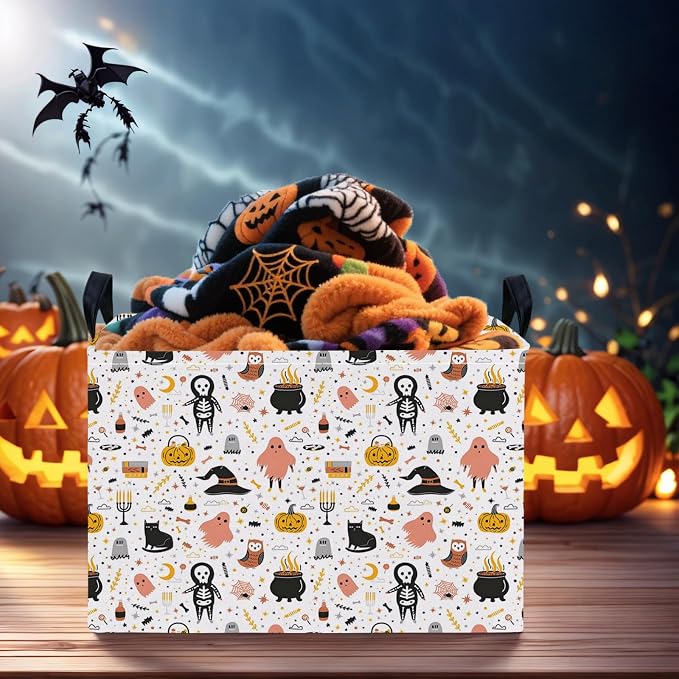 Large Halloween Basket Gift Cute Pumpkin Ghost Parties Decor Kid Trick or Treat Basket for Boys and Girls Rectangular Storage Bin Box (Cartoon Skeleton)