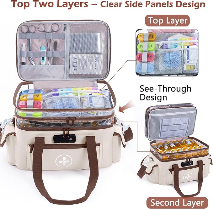 BAGSFY 3-Tier Medicine Organizer with Combination Lock – Large Medicine Bag, Empty First Aid Kit Case, Pill Bottle Medical Supply Organizer, Travel Prescription Bag, Medication Storage Container
