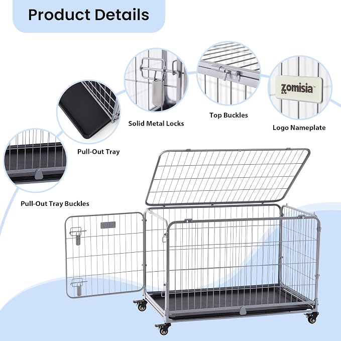 ZOMISIA Collapsible Dog Crate for Large Dogs - 42 inch Escape Proof Double Door Metal Dog Kennel with Lockable Wheels, Easy Assembly Foldable Cage with Removable Tray, Indoor Outdoor Use, Silver Gray