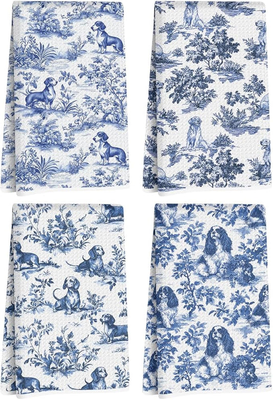 4Pcs Chinoiserie Dog Kitchen Towels, Blue and White Floral Botanical Dish Tea Towels, Grand Millenial Dog Lover Gifts Hand Towel for Kitchen Bathroom Decor, Golden Retriever Cavalier Spaniel Dachshund