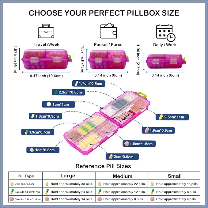 Extra Large Pill Organizer with 161 Medicine Labels, Travel Pill Case | Pink Extra large case with 10 compartments for 7-day pill planning, vitamins, supplements, and travel