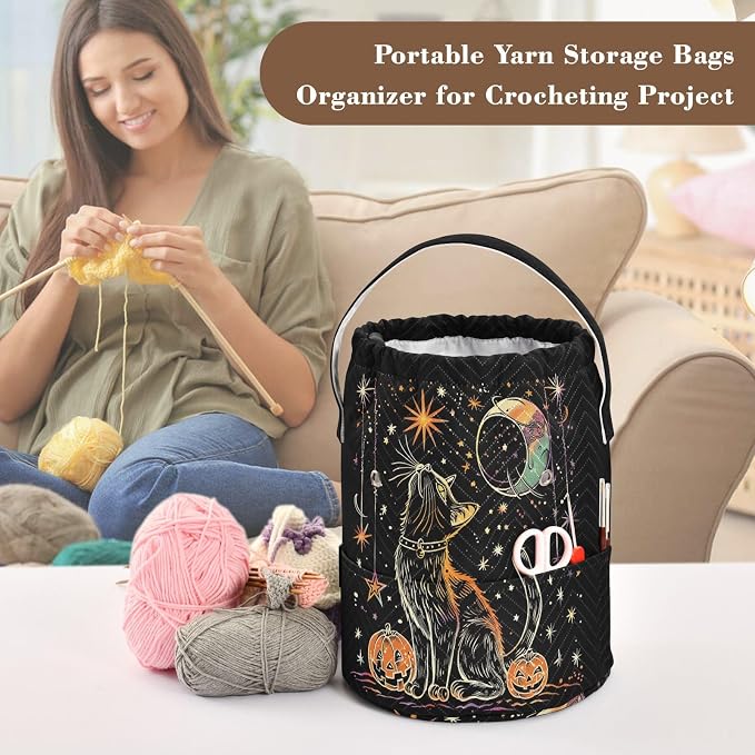 Fustylead Halloween Black Cat and Stars Moon Pumpkin Crochet Drawstring Organizer, Large Yarn Bag Storage Tote Basket for Crocheting On The Go, Kit Holder, Gift for Knitter, Crochet Beginner