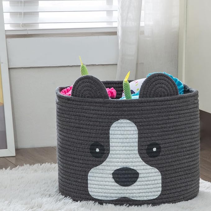 Medium Dog Woven Baskets with Handle, Dog Toy Hamper, Cotton Rope Dog Toy Storage Baskets for Pet, Animal Basket for Kids, Baby Gift Baskets for Dog Lovers, Dark Grey