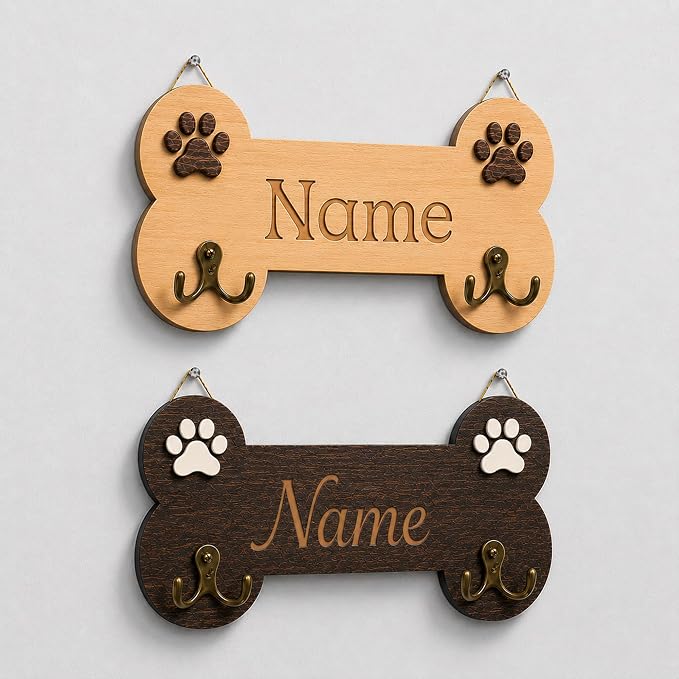 Personalized Dog Bone Leash Holder for Wall Mount, Custom Wooden Bone Leash Hook with Name, Pet Collar and Harness Organizer for Entryway, Key Hook Gift for Pet Lovers & Dog Owners, Home Wall Décor