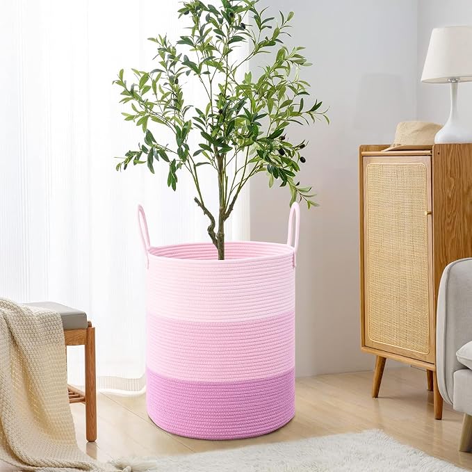 Laundry Hamper for Organizing, 52L Large Laundry Baskets, Cotton Rope Woven Blanket Basket, Collapsible Laundry Hamper for Living Room, Nursery, 15"×18", Pink