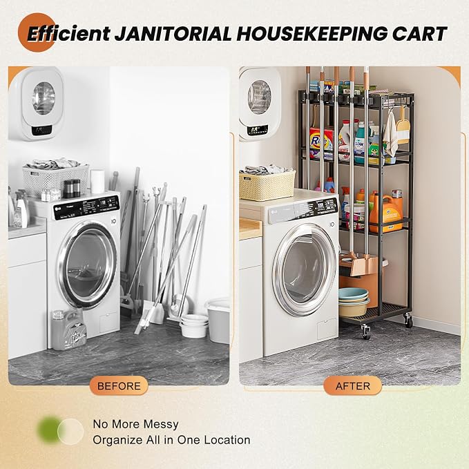 Olakee Taller Broom Holder with Cleaning Supplies Organizer, Broom Closet Storage Cabinet with Mop Hanger Gripper Rack Hooks, Housekeeping Janitorial Cart with Cleaning Caddy, Garage Home Improvement