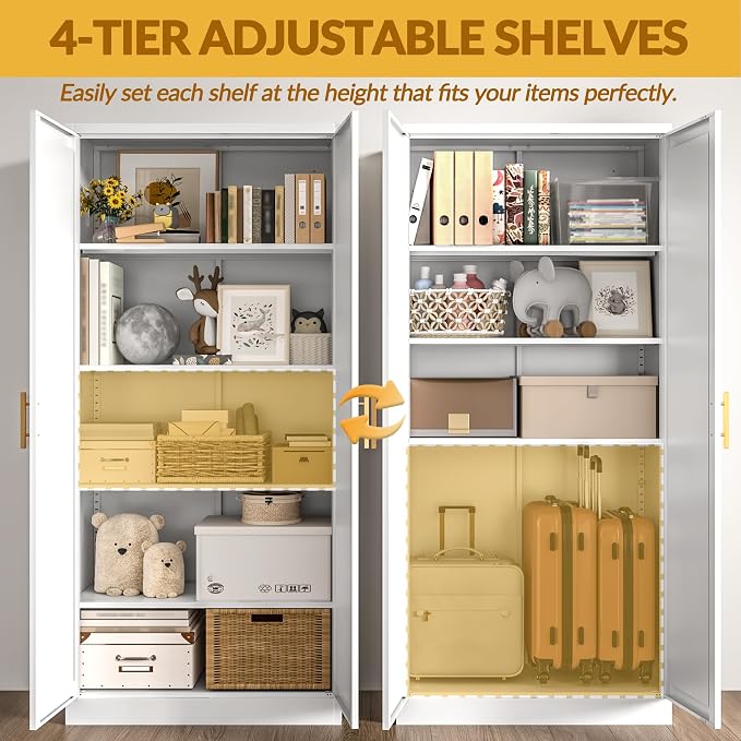 BESFUR Kitchen Pantry Cabinet,71” Metal Tall Pantry Storage Cabinet with Doors and 4 Adjustable Shelves,Kitchen Storage Cabinets White Freestanding Food Cabinet for Pantries, Kitchen