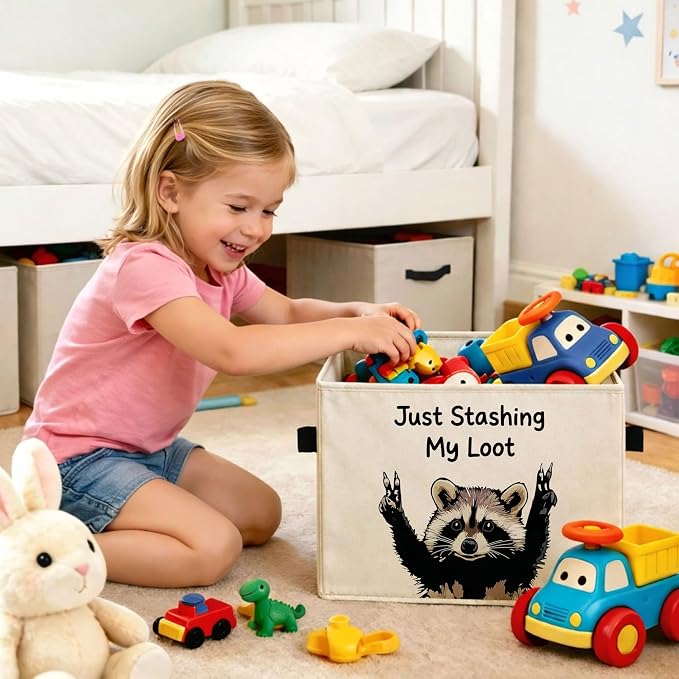 Funny Raccoon Foldable Fabric Storage Bin | Just Stashing My Loot design for kids toys, clothes & books