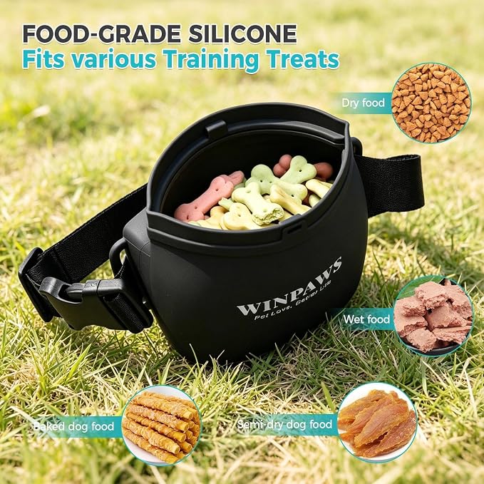 Silicone Dog Treat Pouch with Poop Bag Holder,Waterproof Magnetic Close Sealable Fanny Pack with Adjustable Waist Belt, Pet Puppy Training Essentials, One-Handed Opening with Press & Magnetic (Black)