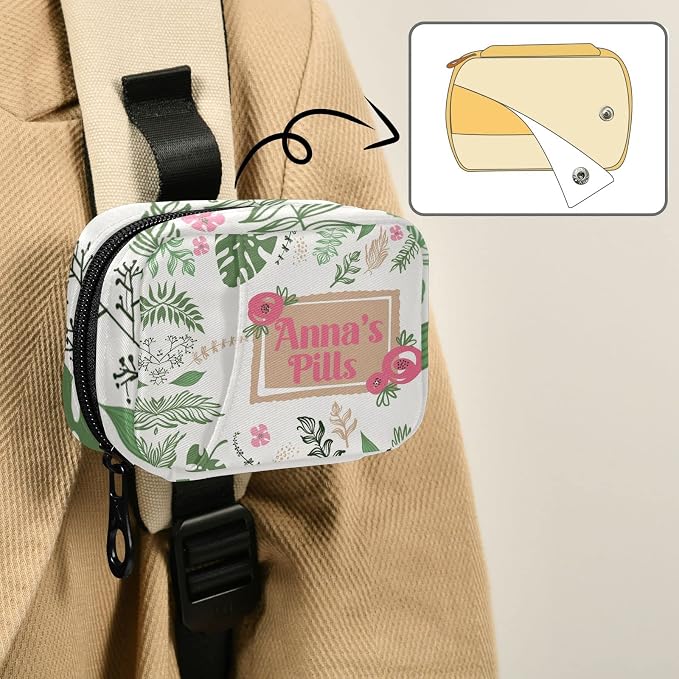 Custom Pill Box 7 Day Pill Case Bag Leaves Flowers Personalized Name Travel Pill Organizer Bag with Zipper Portable Weekly Case Compact Size for Vitamin Supplement Holder