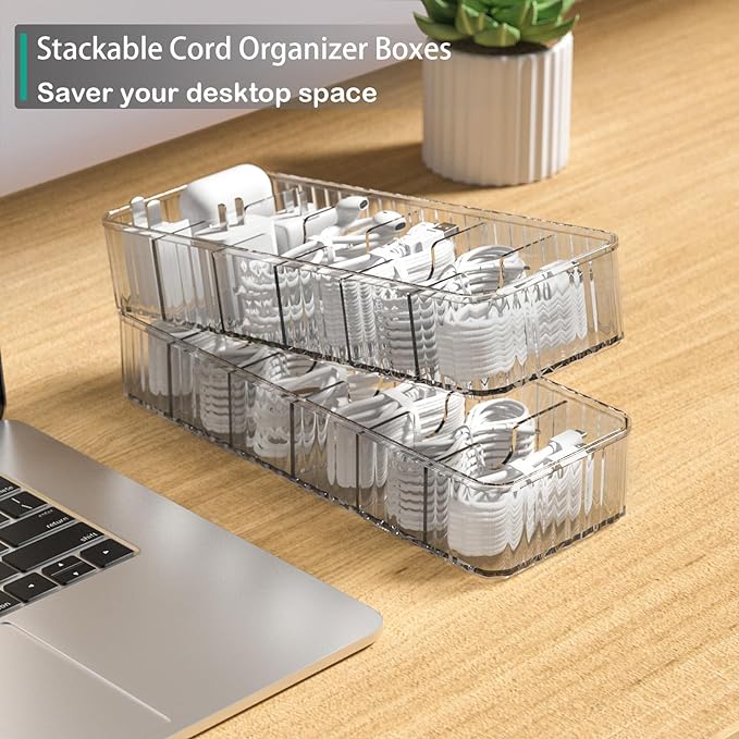 Cable Storage Boxes Organizers 2 Pack,Cord Charger Case with 20pcs Ties | Cable Storage Organizer,Cable Organizers Box,Cable Storage Box, Cord Organizers Box,Cord Charger Case Organizer,Stackable