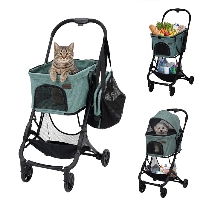 Pet Stroller for Small 2 Dog Cat Puppy Grocery Shopping Cart | Travel Airplane Mini Lightweight Compact Portable Collapsible Foldable 3-in-1 Medium 20 lbs Doggy Buggy Carriage Carrier Bag