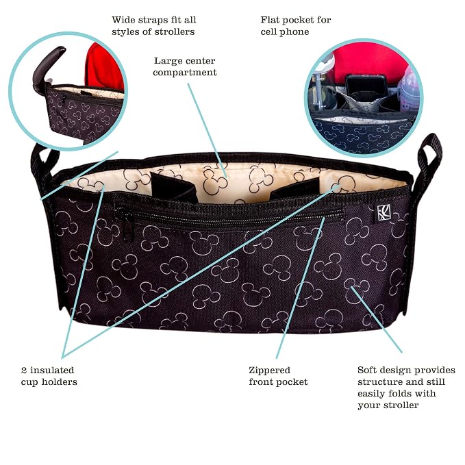 J.L. Childress Disney Baby Cargo N Drinks Stroller Organizer Caddy, Mickey | Essential baby travel accessory with two cup holders & organization pockets, fits UPPAbaby, Doona, Nuna & all other strollers