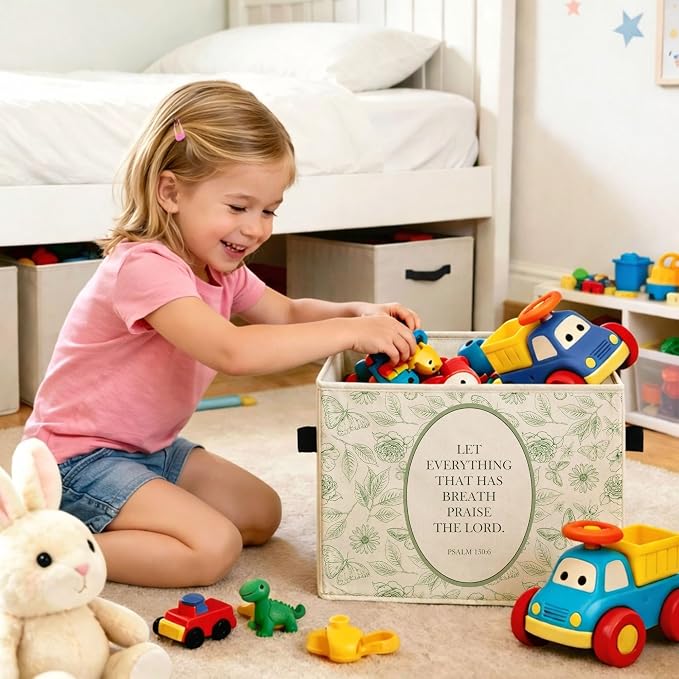 Bible Verse Storage Bin, Foldable Fabric Basket for Kids Room Nursery | Foldable fabric storage bin with Psalm 150:6 butterfly design for toys, books, clothes, nursery, bedroom, and playroom use.