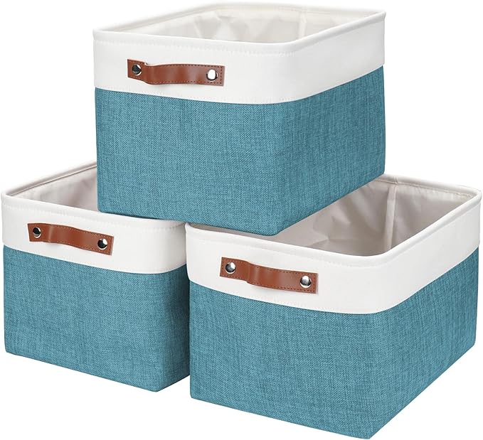 Bagnizer Storage Bins Large Fabric Storage Baskets for Shelves 3 Pack, Decorative Linen Closet Baskets with Handles for Organizing, Shelf, Clothes, Home, Office, 15x11x9.5Inches (Teal&White)