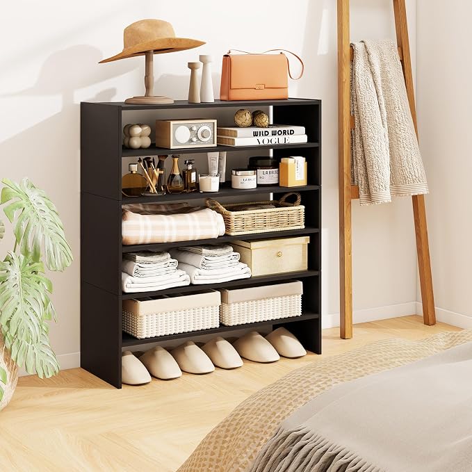 COSTWAY 6-Tier Shoe Rack, Extra Wide Shoe Shelf Organizer | Stackable Design, 31" Freestanding Adjustable Storage Shoe Stand for Small Space Entryway Hallway Closet (2,Black)