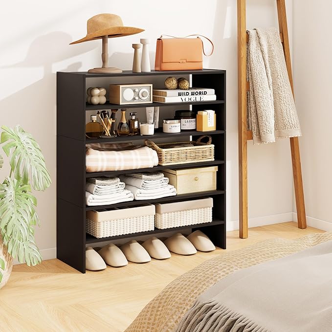 COSTWAY 6-Tier Shoe Rack, Extra Wide Shoe Shelf Organizer | Stackable Design, 31" Freestanding Adjustable Storage Shoe Stand for Small Space Entryway Hallway Closet (1,Black)