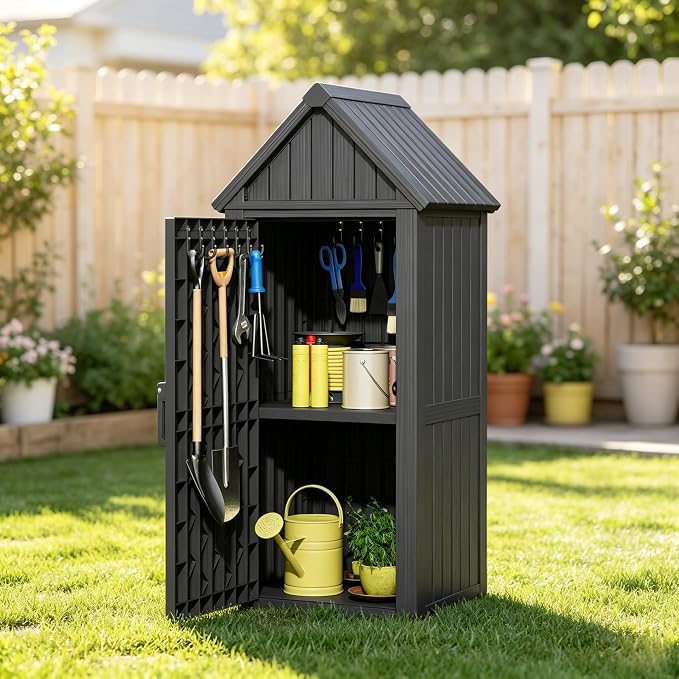 Outdoor Storage Cabinet, Lockable Vertical Resin Storage Shed, Black